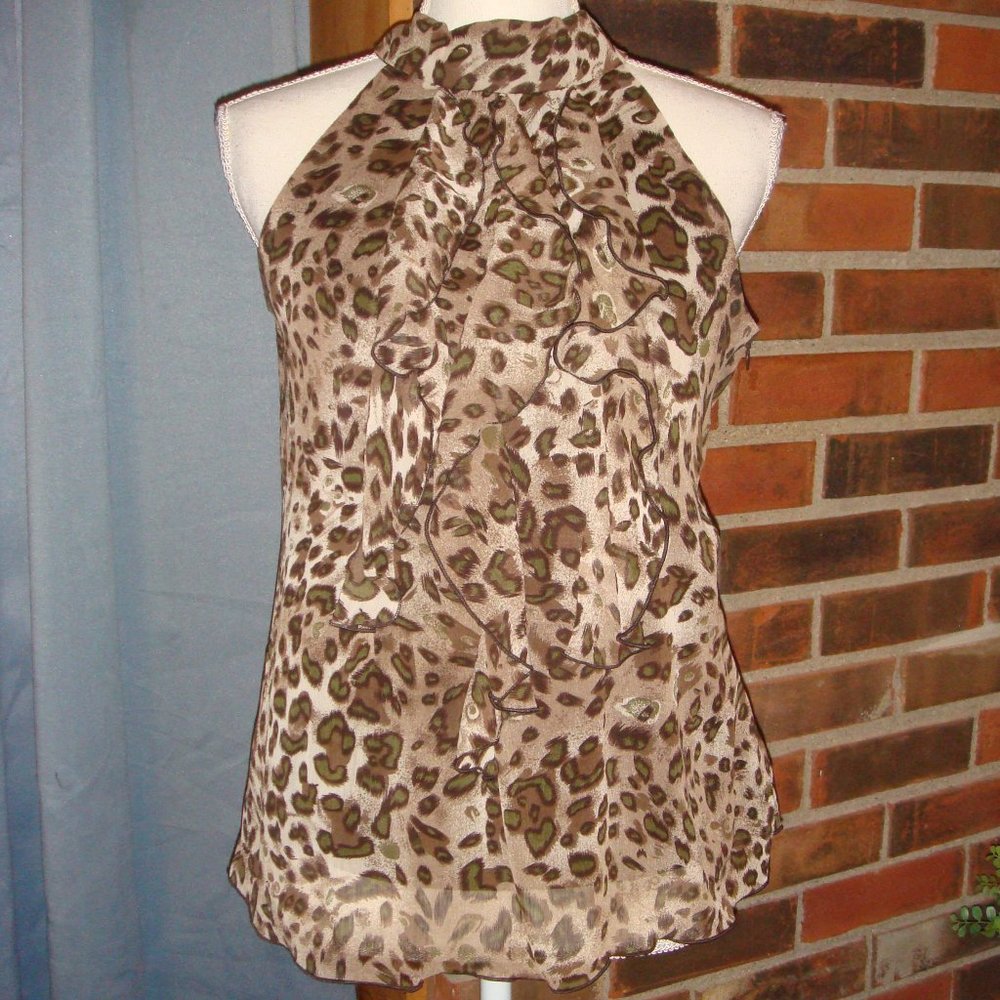 B. WEAR LEOPARD RUFFLED TIE NECK SLEEVELESS TOP L